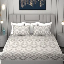 FINE TEX WORLD Grey & White 260 TC King Bedsheet with 2 Pillow Covers-picture-22