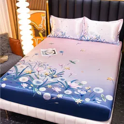 JC HOME Pink & Blue Floral Fitted 160 TC King Bedsheet With 2 Pillow Covers-picture-40