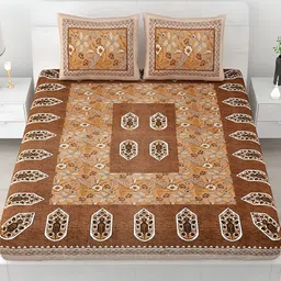 Runjhun Brown & White Floral Cotton 240 TC King Bedsheet With 2 Pillow Covers-image-85