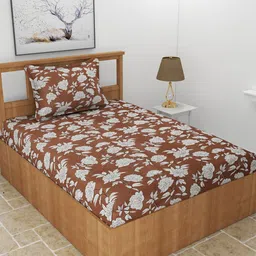 BREVARD Coffee Brown & White Floral 210 TC Single Bedsheet With 1 Pillow Cover-picture-13