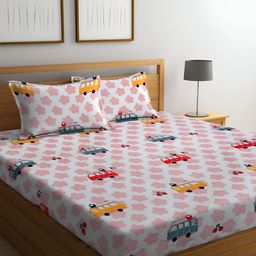 KLOTTHE Pink & White Printed 300 TC Fitted Double King Bedsheet with 2 Pillow Covers-picture-12