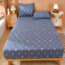 JC HOME Blue Geometric 150 TC Fitted Single Bedsheet With 2 Pillow Covers-picture-15