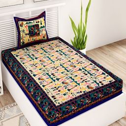 Aura Blue & Cream-Coloured Floral 120 TC Single Bedsheet With Pillow Cover-picture-4