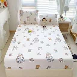 JC HOME White Cartoon Characters Cotton Fitted Queen Bedsheet With 2 Pillow Covers-picture-24