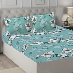 INDHOME LIFE Green & White Floral Pure Cotton 210 TC Queen Bedsheet With 2 Pillow Covers-image-81
