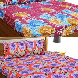 Aura Pink & Blue Floral 144 TC 2 Queen Bedsheet with 4 Pillow Covers-picture-20