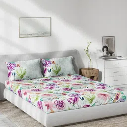 DDecor Pink & Green Floral 140 TC Cotton Queen Bedsheet With 2 Pillow Covers-picture-21