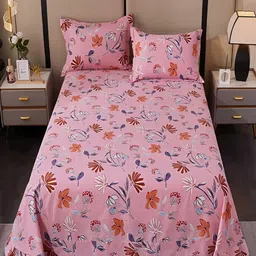 JC HOME Pink & Blue Floral Cotton 220 TC King Bedsheet With 2 Pillow Covers-picture-16