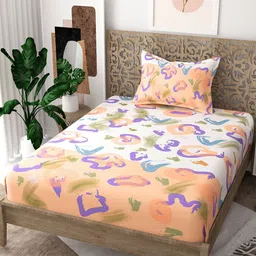 EverHOME White & Orange Abstract 160 TC Flat Pure Cotton Single Bedsheet & 1 Pillow Cover-image-55