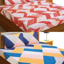 Aura Red & Blue Geometric 144 TC 2 Queen Bedsheet with 4 Pillow Covers-picture-37