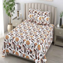 tundwal's Orange & White Floral Printed Cotton 210 TC Queen Bedsheet With 2 Pillow Covers-picture-7