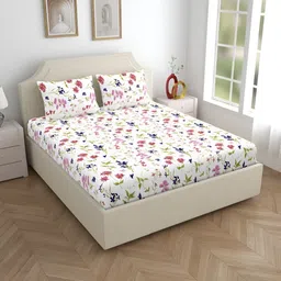 Home Ecstasy White & Pink Floral 140 TC Cotton King Bedsheet with 2 Pillow Covers-picture-36