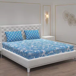 Moca By Monte Carlo Blue & White Floral Cotton 144 TC Queen Bedsheet & 2 Pillow Covers-picture-1
