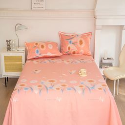 JC HOME Peach-Coloured & White Floral 160 TC Single Bedsheet with 2 Pillow Covers-picture-15