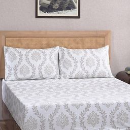 MASPAR Tranquil Essence Lawn Leaflet Beige 400TC Cotton King Bedsheet & 2 Pillows Covers-picture-42