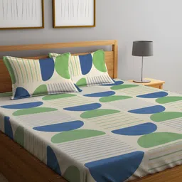 KLOTTHE Beige & Green Geometric Fitted 300 TC Double King Bedsheet with 2 Pillow Covers-image-58