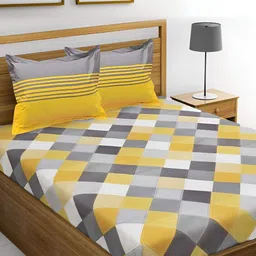 UNIQCHOICE Grey & Mustard Floral 120 TC Cotton Queen Bedsheet with 2 Pillow Covers-picture-18