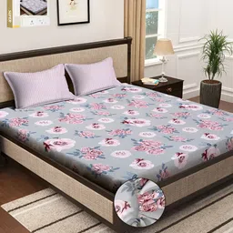 KLOTTHE Grey & Pink Floral Printed 300 TC Double Fitted Bedsheet With 2 Pillow Covers-picture-22