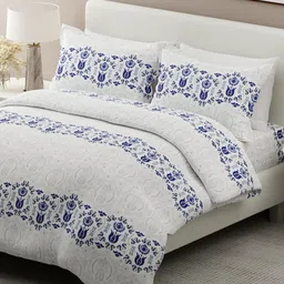 Boutique Living India White & Blue Ethnic Motifs 200 TC Egyptian Cotton King Bedsheet with 2 Pillow Covers-picture-23