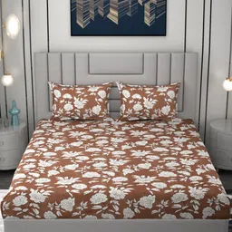 FINE TEX WORLD Beige & Brown Floral 210 TC Fitted King Bedsheet with 2 Pillow Covers-picture-29