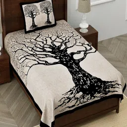 Aura Black & Beige Floral Cotton 120 TC Single Bedsheet with 2 Pillow Covers-image-77