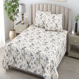 tundwal's Grey & White Floral Cotton 210 TC King Bedsheet with 2 Pillow Covers-picture-31