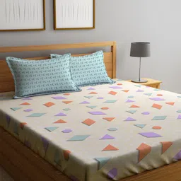 KLOTTHE Orange & Brown Printed 300TC Fitted Double King Bedsheet With 2 Pillow Covers-image-85
