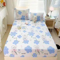 JC HOME White & Blue Graphic Cotton 230 TC Fitted King Bedsheet with 2 Pillow Covers-picture-31
