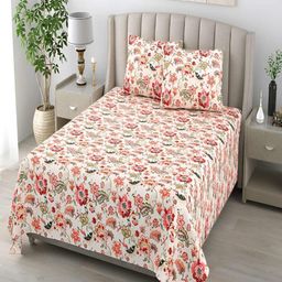 tundwal's Peach-Coloured & Green Floral Cotton 210 TC King Bedsheet with 2 Pillow Covers-picture-20