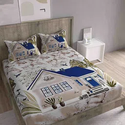 Spangle Blue & Off White Graphic 260 TC King Bedsheet with 2 Pillow Covers image 1