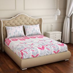 SPACES Pink & White Geometric 210 TC Queen Cotton Bedsheet with 2 Pillow Covers-picture-5