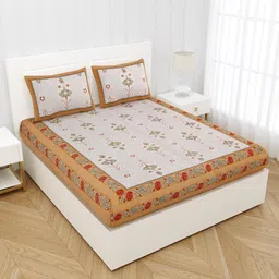 JAIPUR FABRIC Grey & Mustard Ethnic Motifs Queen Bedsheet with 2 Pillow Covers-picture-28