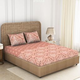 SPACES Coral & White Floral 144 TC Cotton Queen Bedsheet with 2 Pillow Covers-picture-17