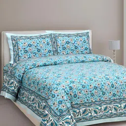 Lali Prints Blue & White Floral 210 TC Cotton King Bedsheet with 2 Pillow Covers-image-11