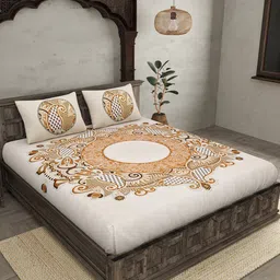 JAIPUR FABRIC Cosmic Kolam Brown & White Cotton Queen Bedsheet with 2 Pillow Covers-picture-36