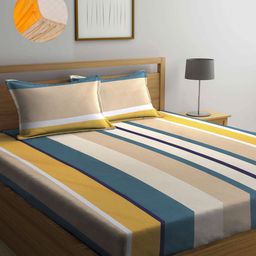 Arrabi Yellow & White Striped 300 TC King Bedsheet with 2 Pillow Covers-picture-8