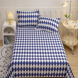 JC HOME Blue & White Geometric 140 TC King Bedsheet With 2 Pillow Covers image 2