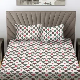 FABINALIV White & Green Printed 300 TC King Fitted Bedsheet With 2 Pillow Covers image 3
