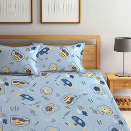 FABINALIV Yellow & Blue Cartoon Characters 300 TC Fitted King Bedsheet & 2 Pillow Covers image 4