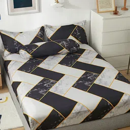 JC HOME Grey & Black Geometric 150 TC Fitted King Bedsheet With 2 Pillow Covers image 2