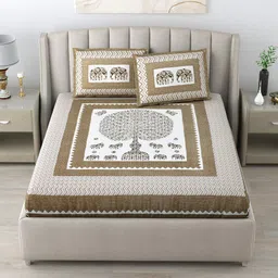 LIVING ROOTS Cream-Coloured Printed 210 TC Pure Cotton King Bedsheet & 2 Pillow Covers image 5