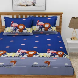 BREVARD Blue & Brown Conversational 180 TC Queen Fitted Bedsheet with 2 Pillow Covers image 5