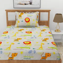 BREVARD Off White & Red Printed 210 TC Fitted Single Bedsheet with 1 Pillow Cover image 5