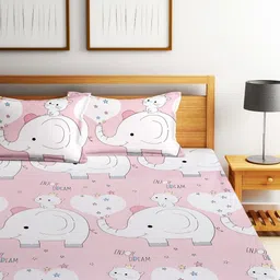 Home Sizzler Pink & White Cartoon Characters Fitted 210 TC King Bedsheet & 2 Pillow Covers image 4