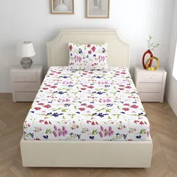 Home Ecstasy White & Blue Floral 140 TC Cotton Single Bedsheet with 1 Pillow Covers image 5