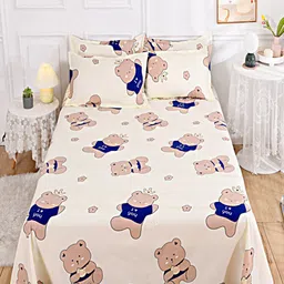 JC HOME Cream-Coloured & Blue Graphic 140 TC King Bedsheet with 2 Pillow Covers image 4