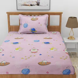 BREVARD Pink & Blue Conversational 210 TC Single Fitted Bedsheet with 1 Pillow Cover image 5