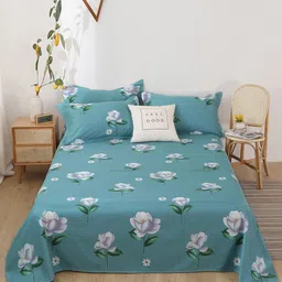 JC HOME Grey & Blue Floral Printed 210 TC Single Bedsheet image 2