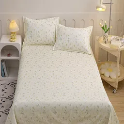 JC HOME Beige & Yellow Floral 140 TC King Bedsheet With 2 Pillow Covers image 3