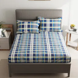 kopa BIANCA Blue & Off White Geometric Pure Cotton 110 TC Queen Bedsheet with 2 Pillow Covers image 3